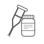 Line drawing of crutches and pill bottle for surgical recovery