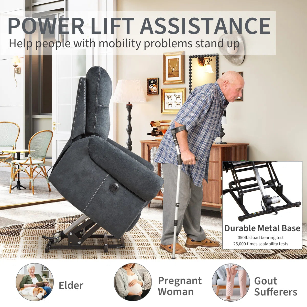 Power lift assistance device for elderly and disabled people in a home setting.