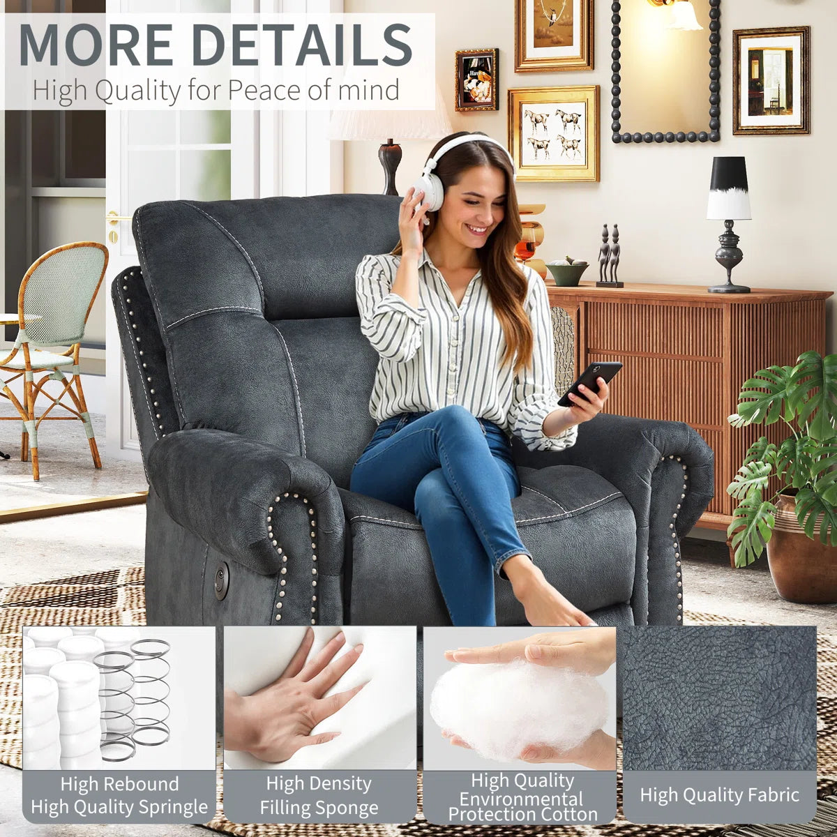 39.37'' Wide Classic Nailhead Trim Power Lift Recliner with Massage, Heat & USB + Type-C Charging