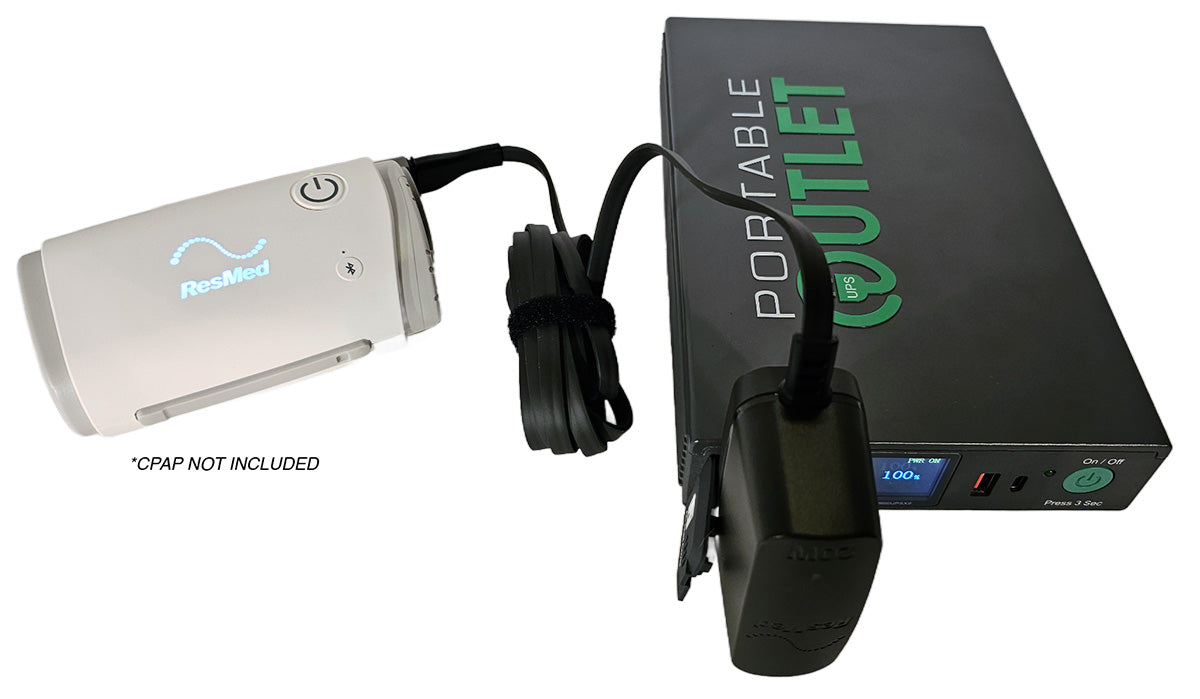 Portable outlet with power adapter connected to a ResMed AirMini CPAP machine on a white background