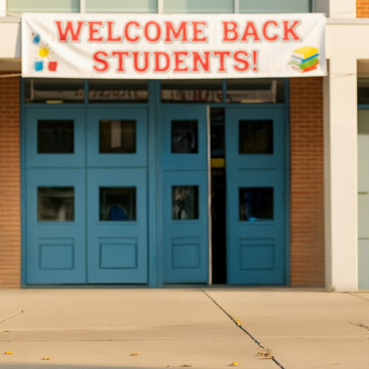 School entrance with a 'Welcome Back Students!' sign above blue doors.