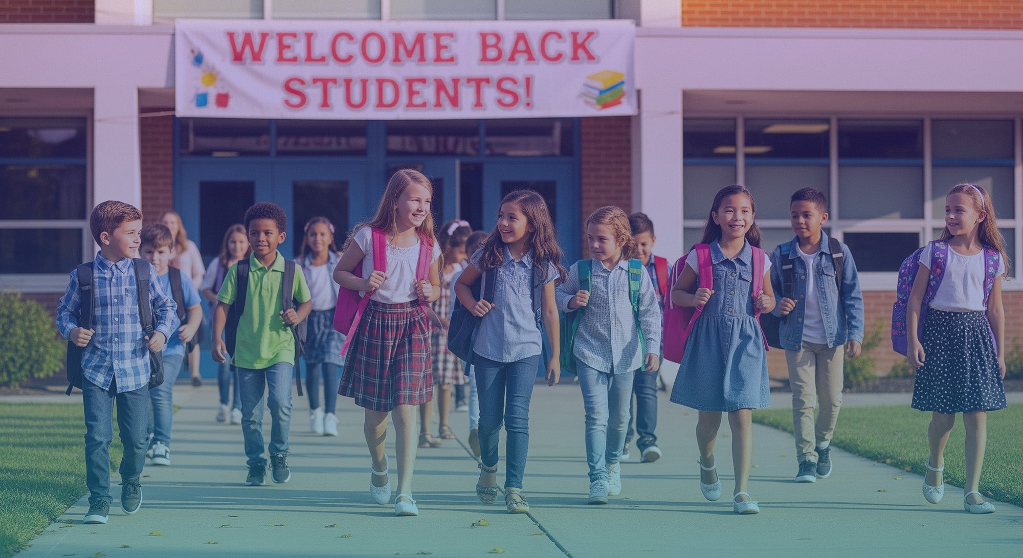 Children walking in front of a school with a 'Welcome Back Students!' sign.