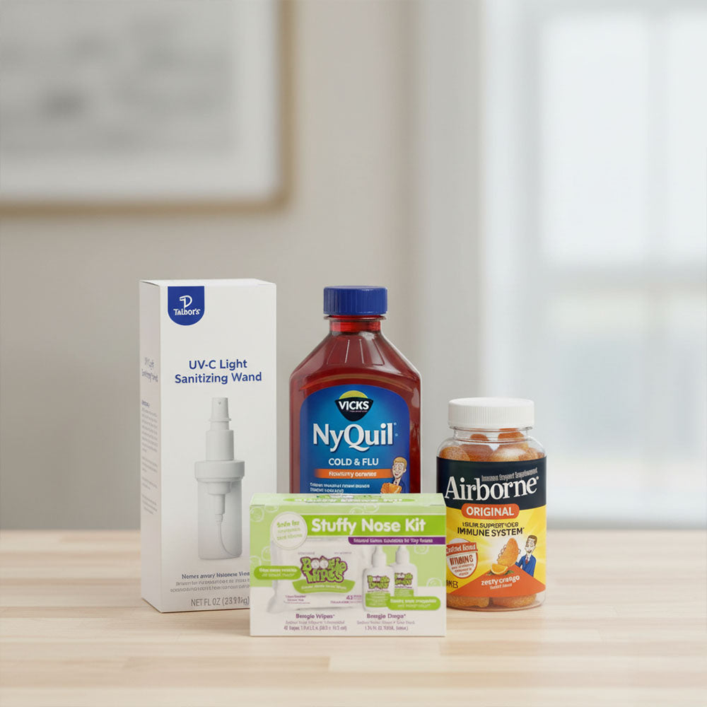 Medicinal products including NyQuil, Airborne, and a Stuffy Nose Kit on a wooden surface. All HSA and FSA Eligible.