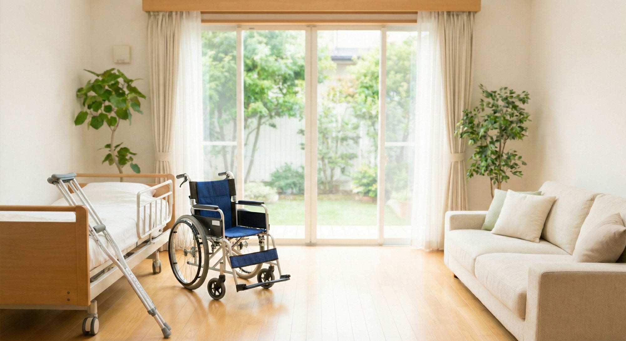Room with hospital bed, crutches, wheelchair