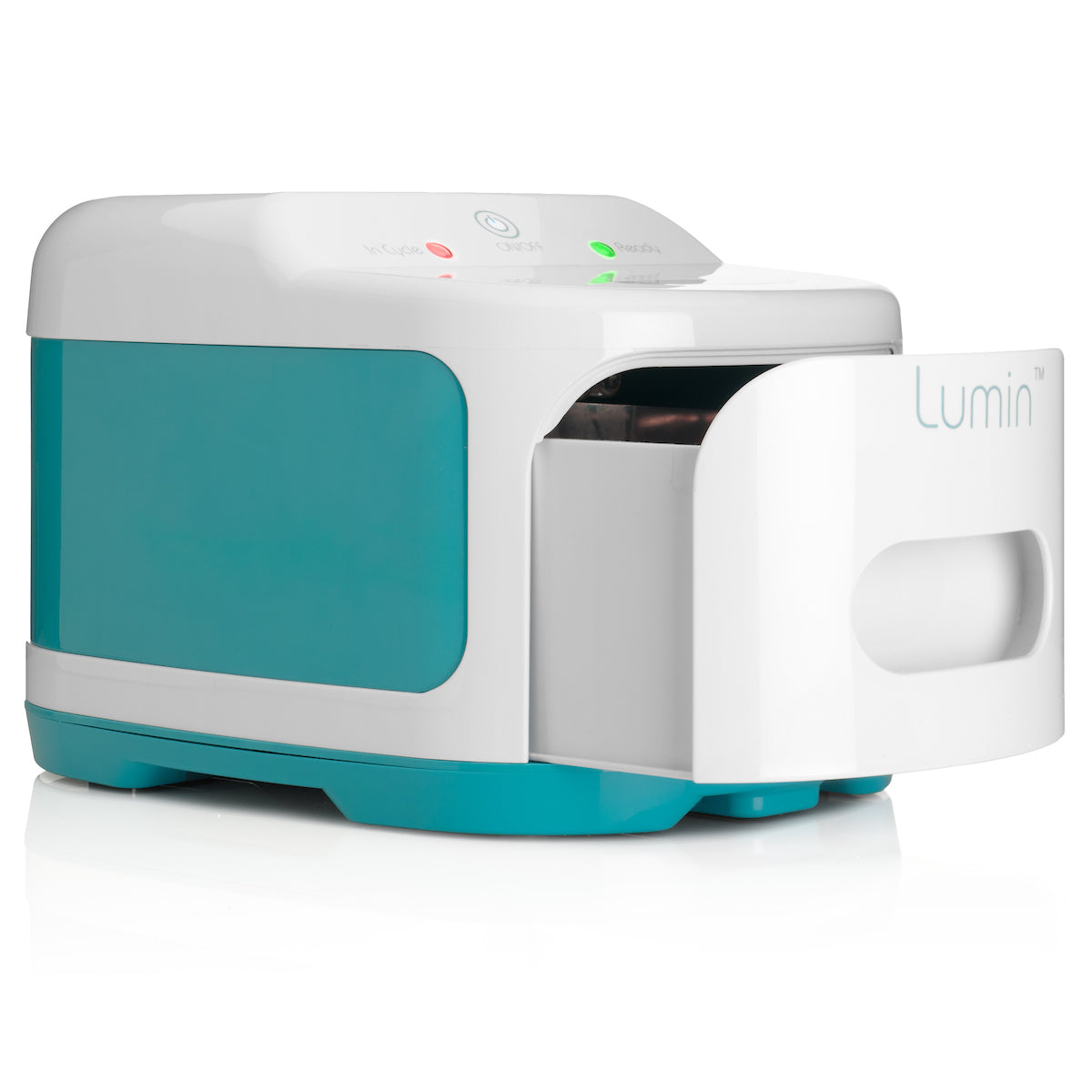 Turquoise and white Lumin mug warmer on a white background