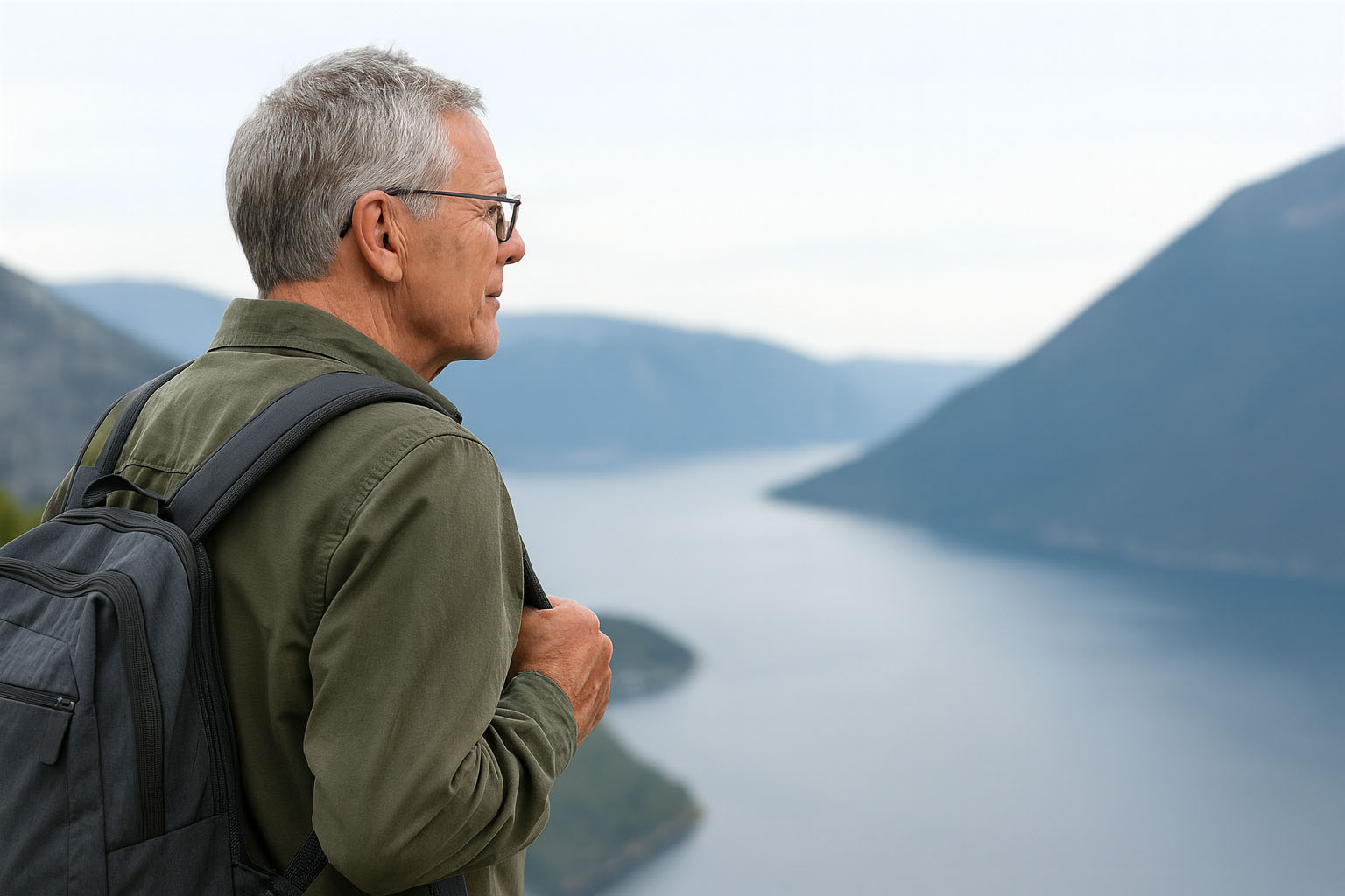 Man with a backpack looking at a scenic view of mountains and water.