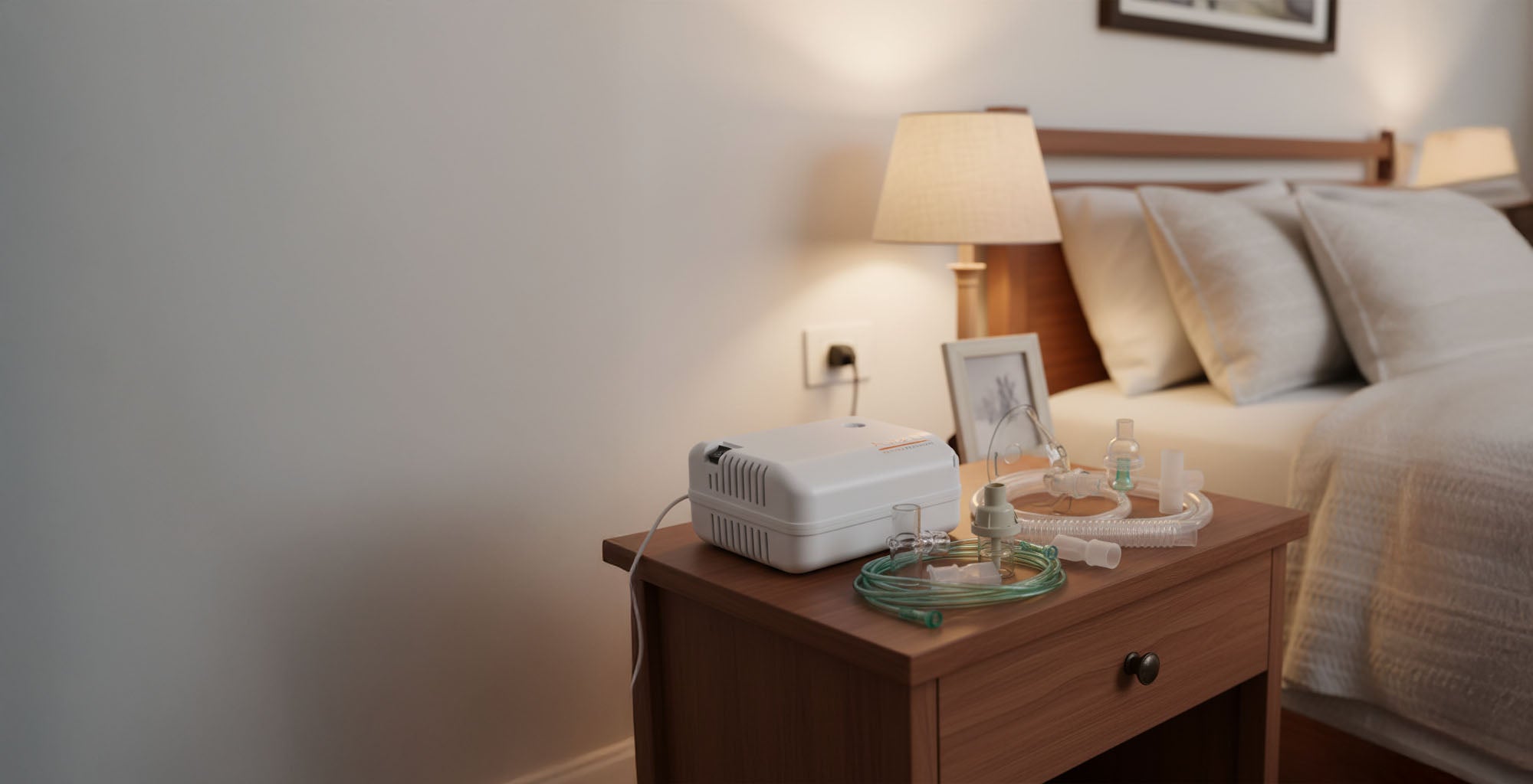 Bedroom with a nightstand with a nebulizer and kit, lamp, and framed picture on a wall.
