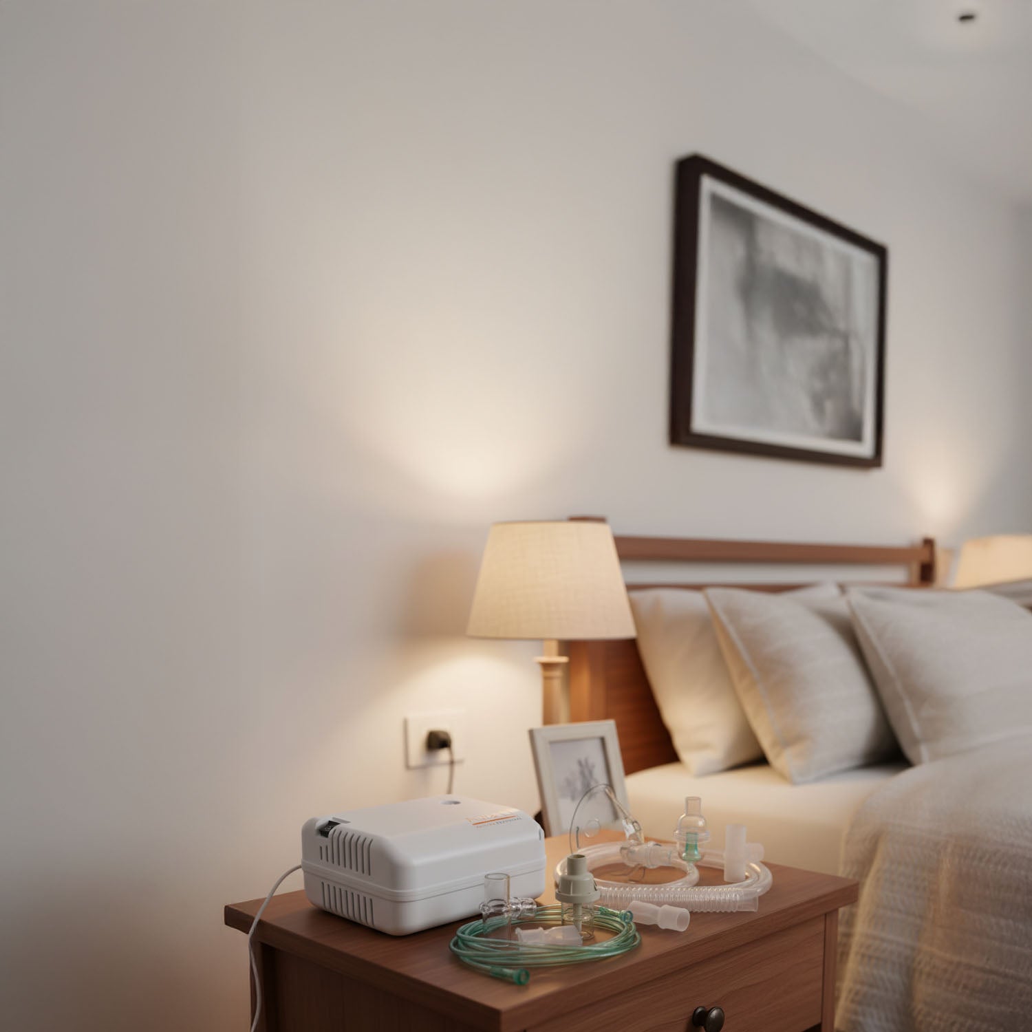 Bedroom with a nightstand with a nebulizer and kit, lamp, and framed picture on a wall.